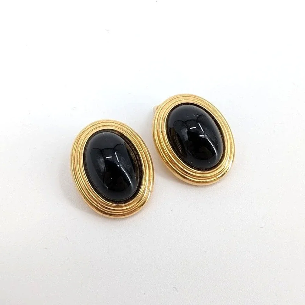 Vintage Christian Dior Black Cabochon Clip Earrings Gold Tone Oval 1980s‎ Signed - Picture 2 of 8